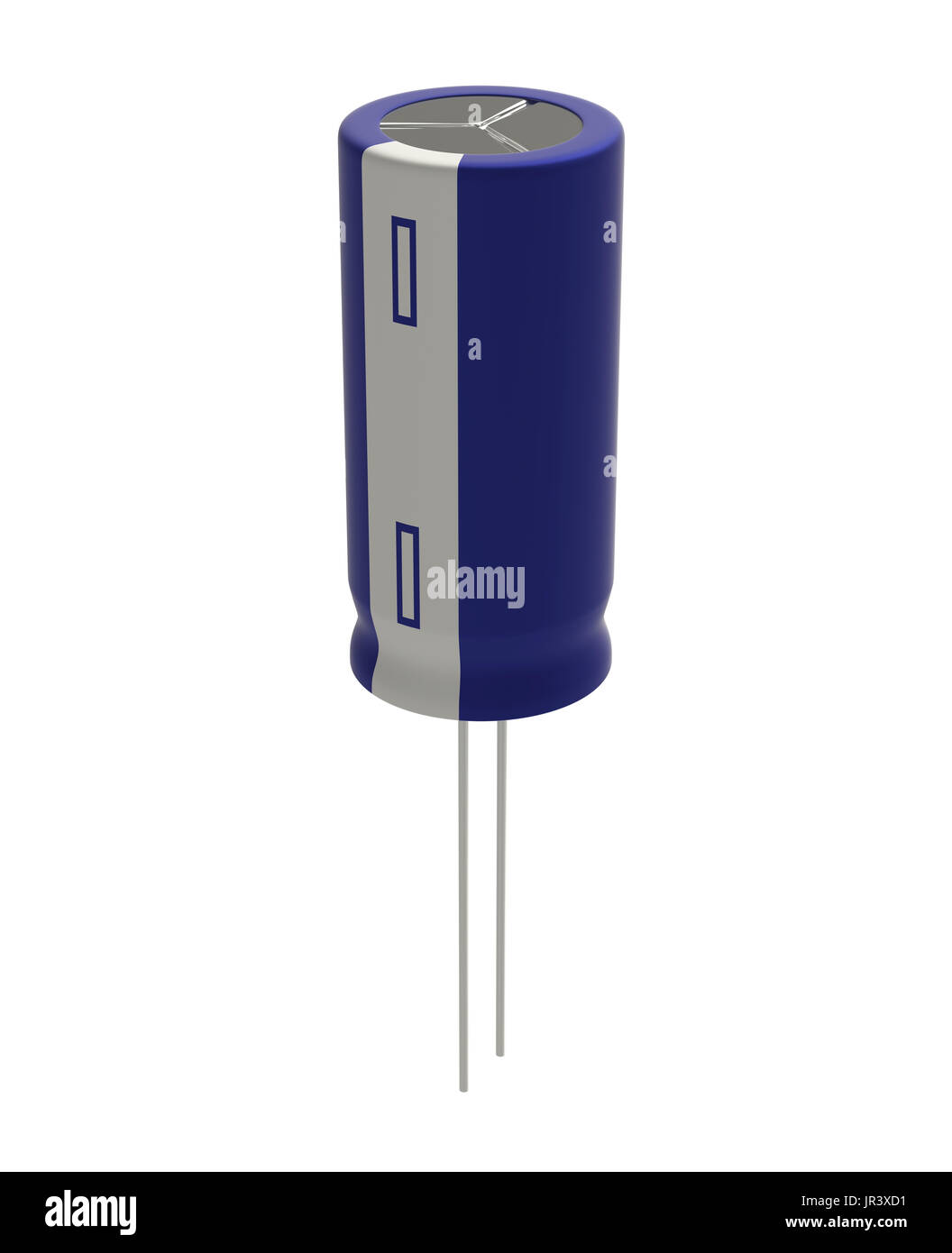 Rendu 3D réaliste de petits condensateurs électrolytiques bleu isolé sur fond blanc avec l'ombre et chemin de détourage, de l'électronique partie concept. Banque D'Images