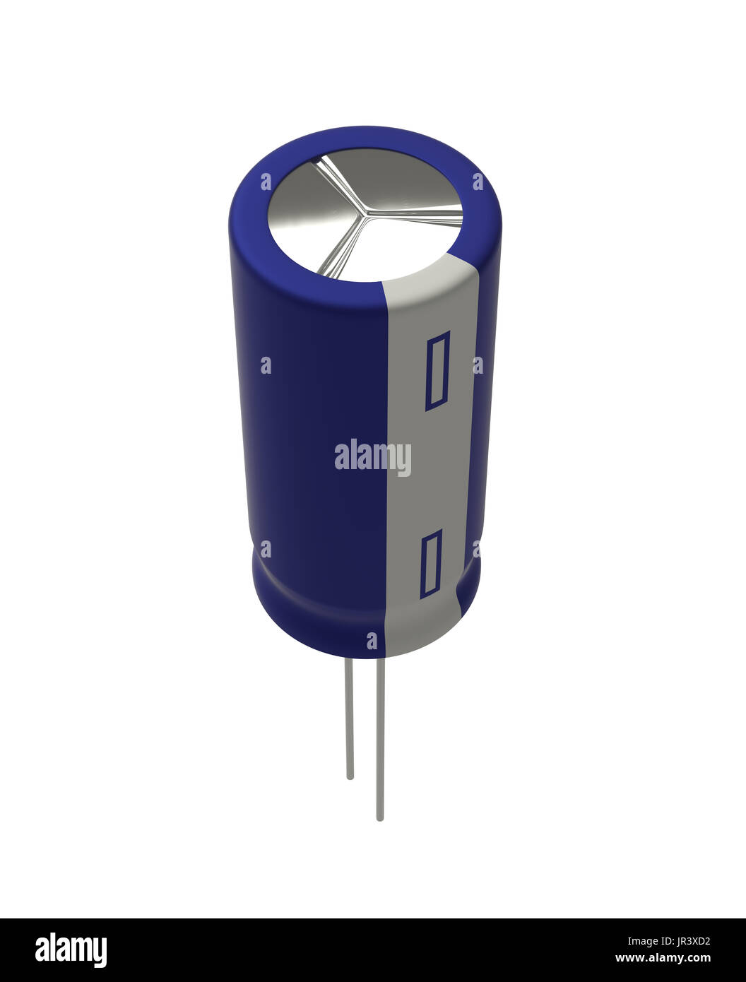 Rendu 3D réaliste de petits condensateurs électrolytiques bleu isolé sur fond blanc avec l'ombre et chemin de détourage, de l'électronique partie concept. Banque D'Images