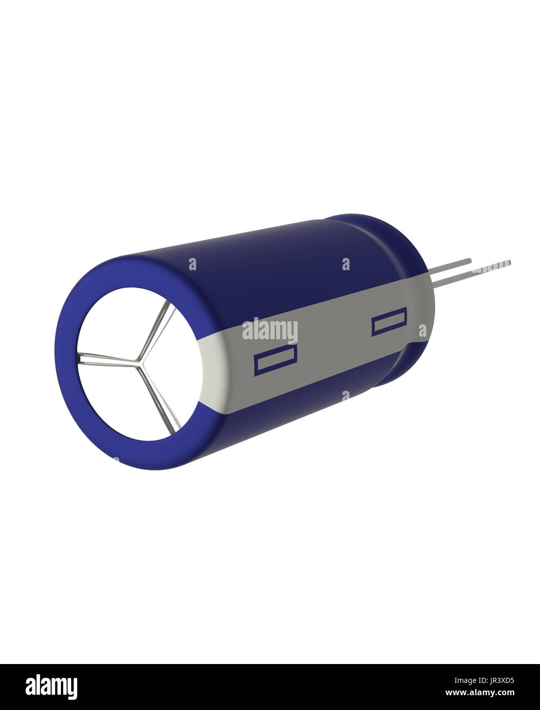 Rendu 3D réaliste de petits condensateurs électrolytiques bleu isolé sur fond blanc avec l'ombre et chemin de détourage, de l'électronique partie concept. Banque D'Images