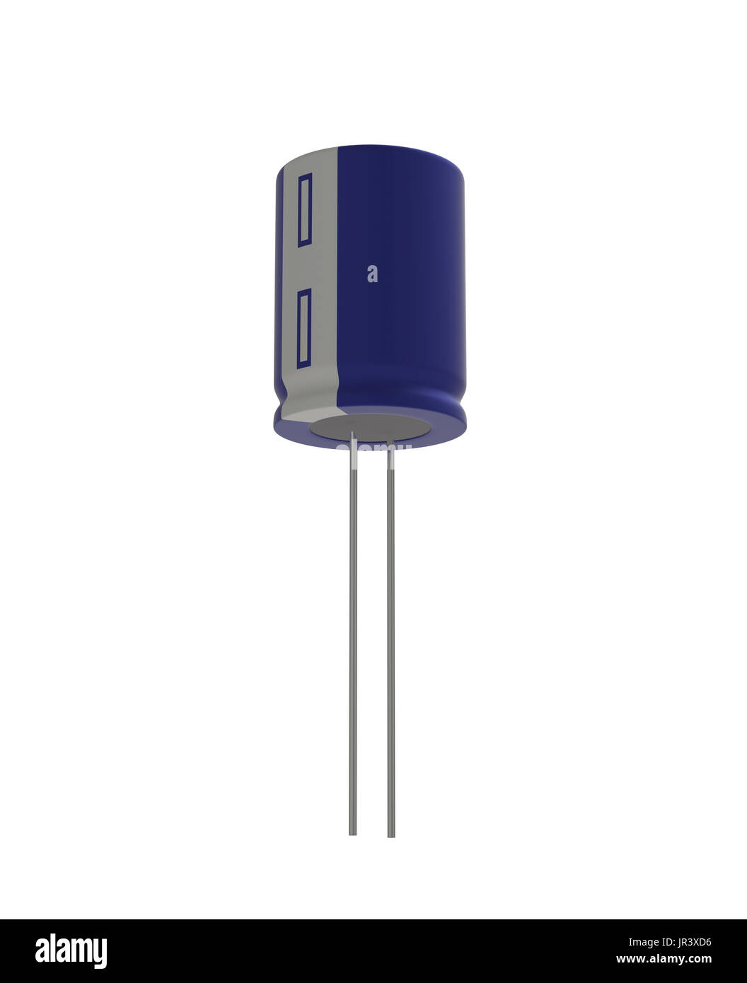 Rendu 3D réaliste de petits condensateurs électrolytiques bleu isolé sur fond blanc avec l'ombre et chemin de détourage, de l'électronique partie concept. Banque D'Images