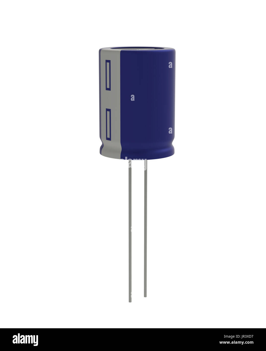 Rendu 3D réaliste de petits condensateurs électrolytiques bleu isolé sur fond blanc avec l'ombre et chemin de détourage, de l'électronique partie concept. Banque D'Images