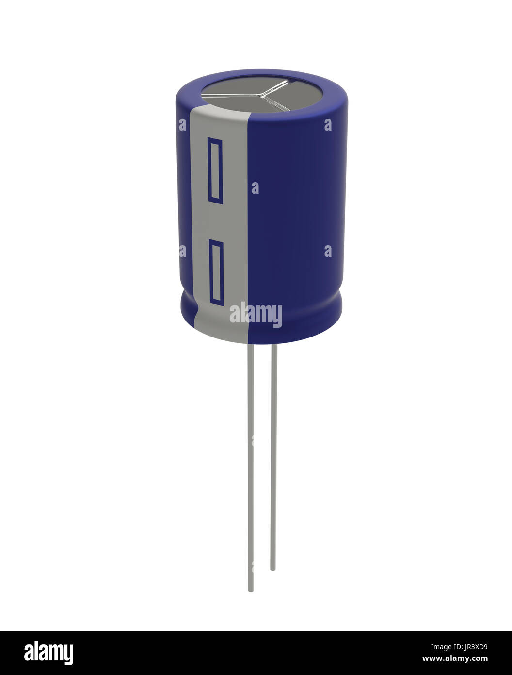 Rendu 3D réaliste de petits condensateurs électrolytiques bleu isolé sur fond blanc avec l'ombre et chemin de détourage, de l'électronique partie concept. Banque D'Images