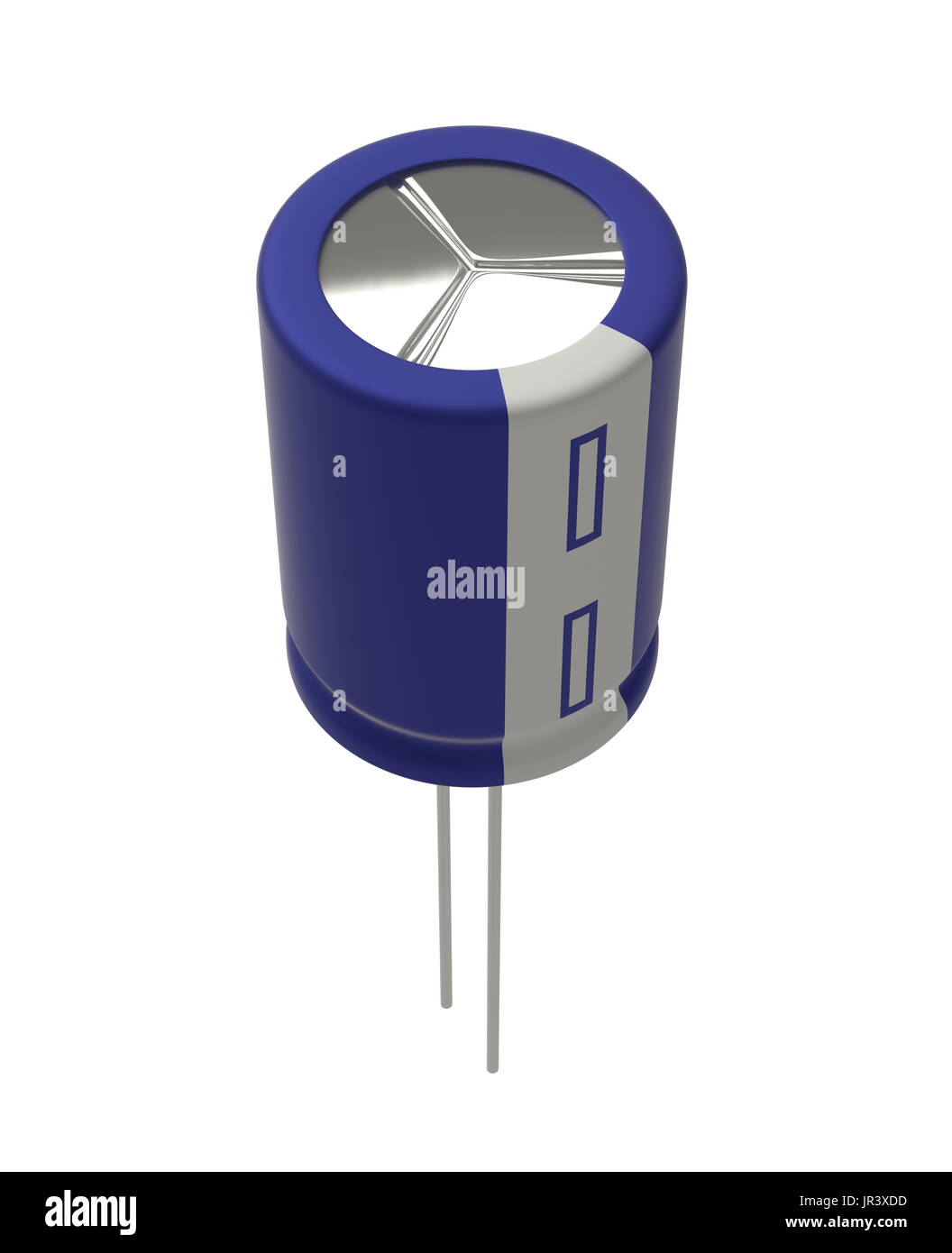 Rendu 3D réaliste de petits condensateurs électrolytiques bleu isolé sur fond blanc avec l'ombre et chemin de détourage, de l'électronique partie concept. Banque D'Images