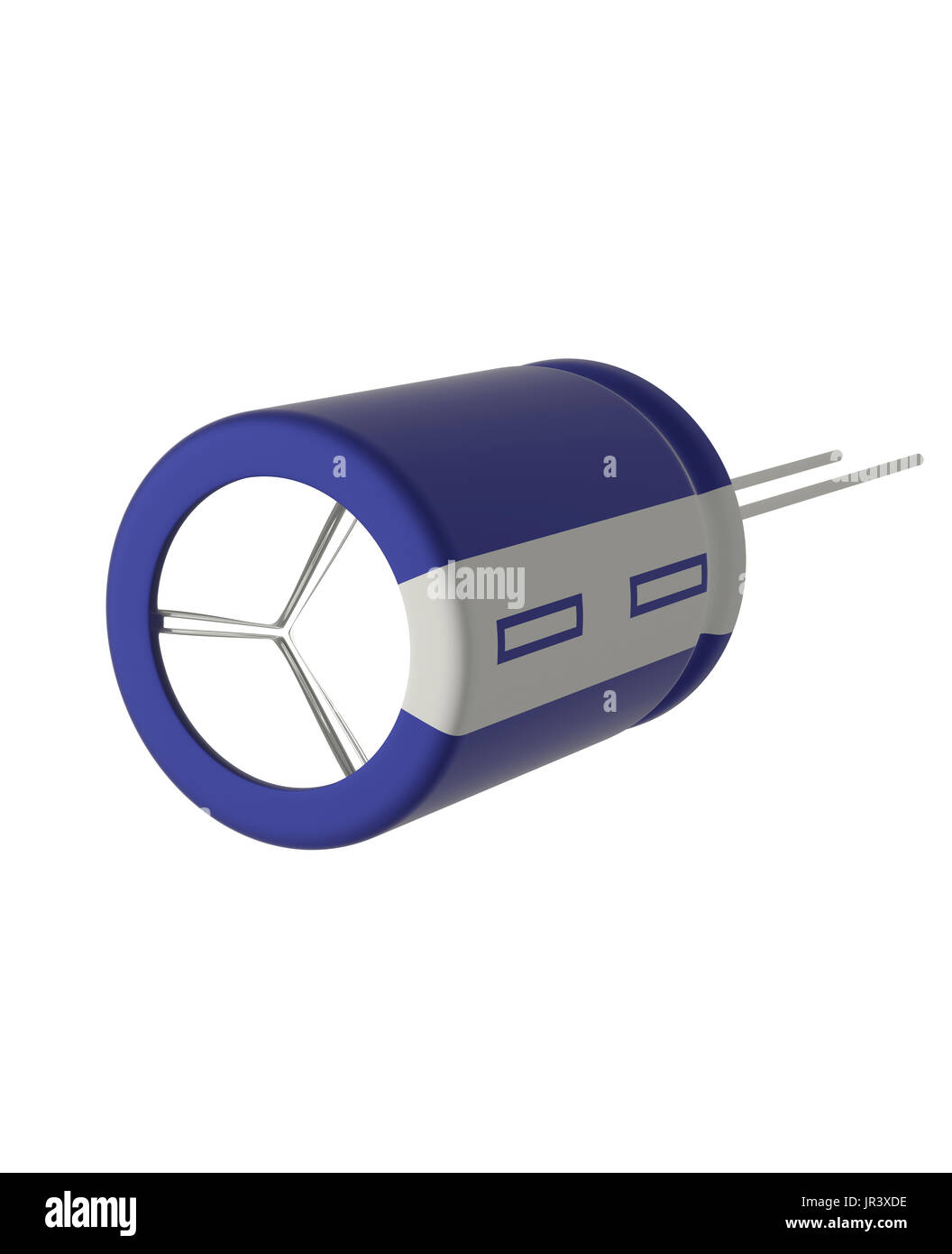 Rendu 3D réaliste de petits condensateurs électrolytiques bleu isolé sur fond blanc avec l'ombre et chemin de détourage, de l'électronique partie concept. Banque D'Images