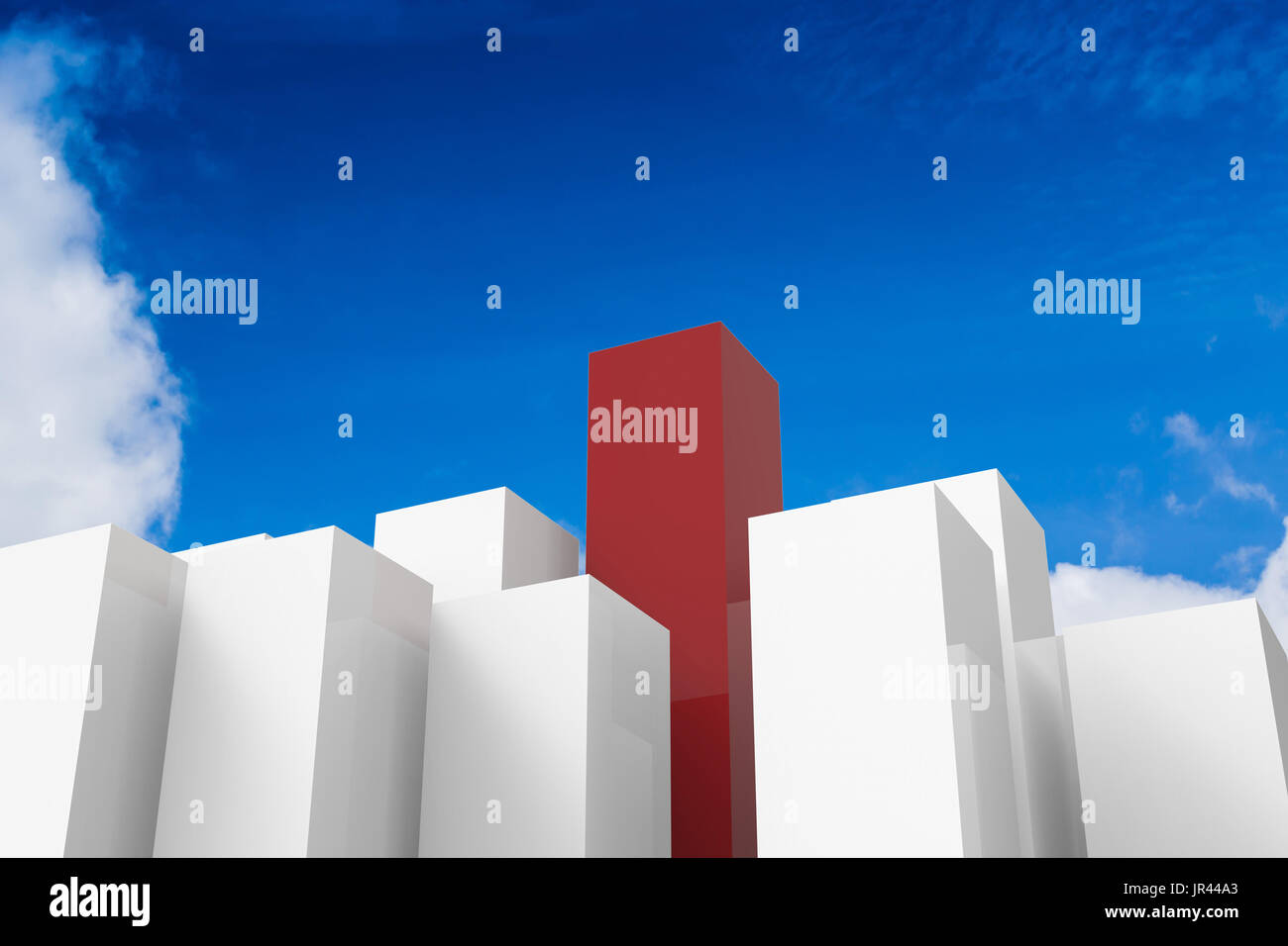 Concept de leadership avec des rendus 3D de bâtiments rouges et blancs sur fond de ciel bleu Banque D'Images
