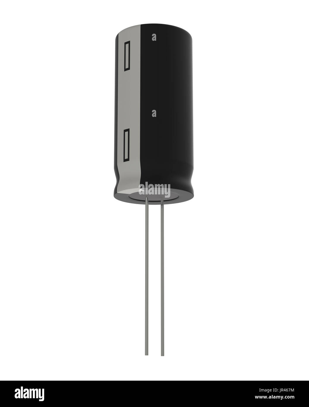 Rendu 3D réaliste de petits condensateurs électrolytiques noir isolé sur fond blanc avec l'ombre et chemin de détourage, de l'électronique partie concept. Banque D'Images