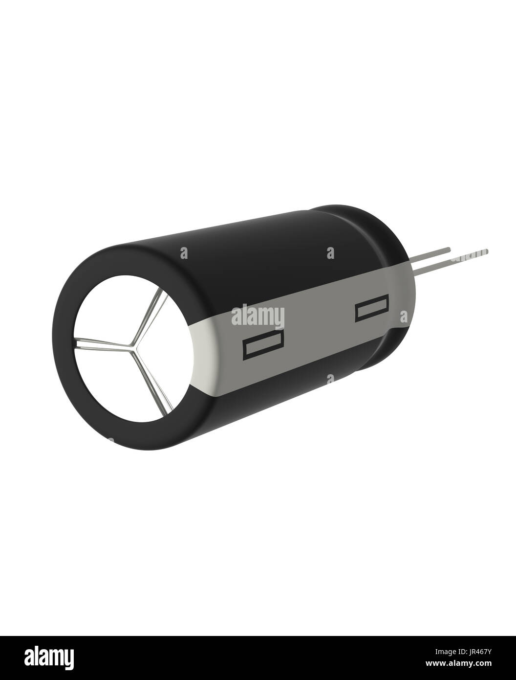 Rendu 3D réaliste de petits condensateurs électrolytiques noir isolé sur fond blanc avec l'ombre et chemin de détourage, de l'électronique partie concept. Banque D'Images