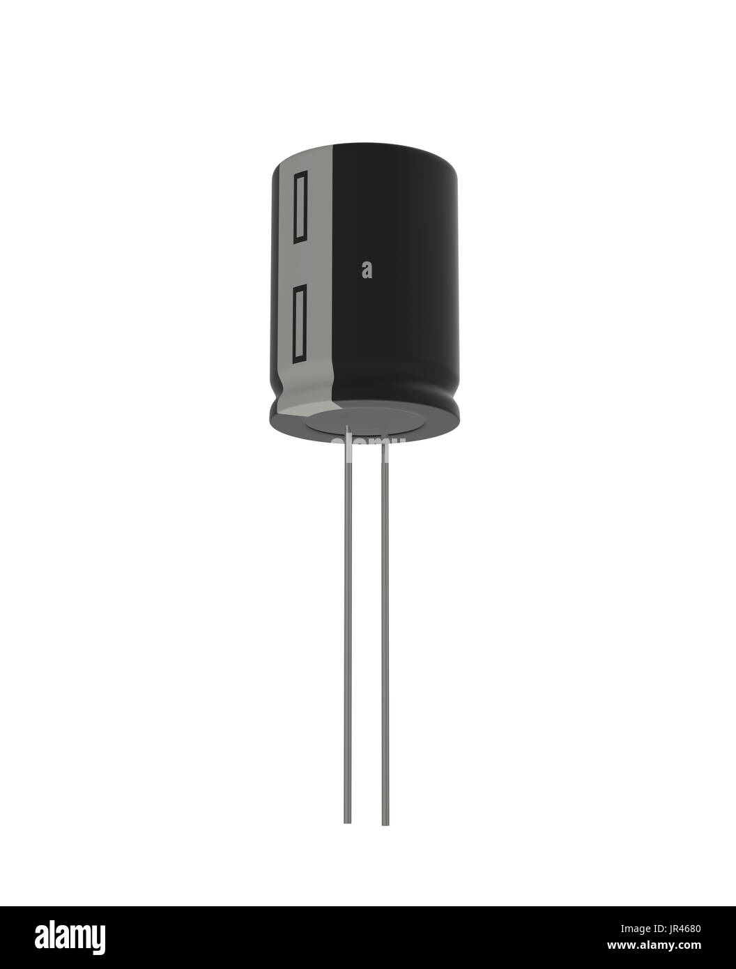 Rendu 3D réaliste de petits condensateurs électrolytiques noir isolé sur fond blanc avec l'ombre et chemin de détourage, de l'électronique partie concept. Banque D'Images