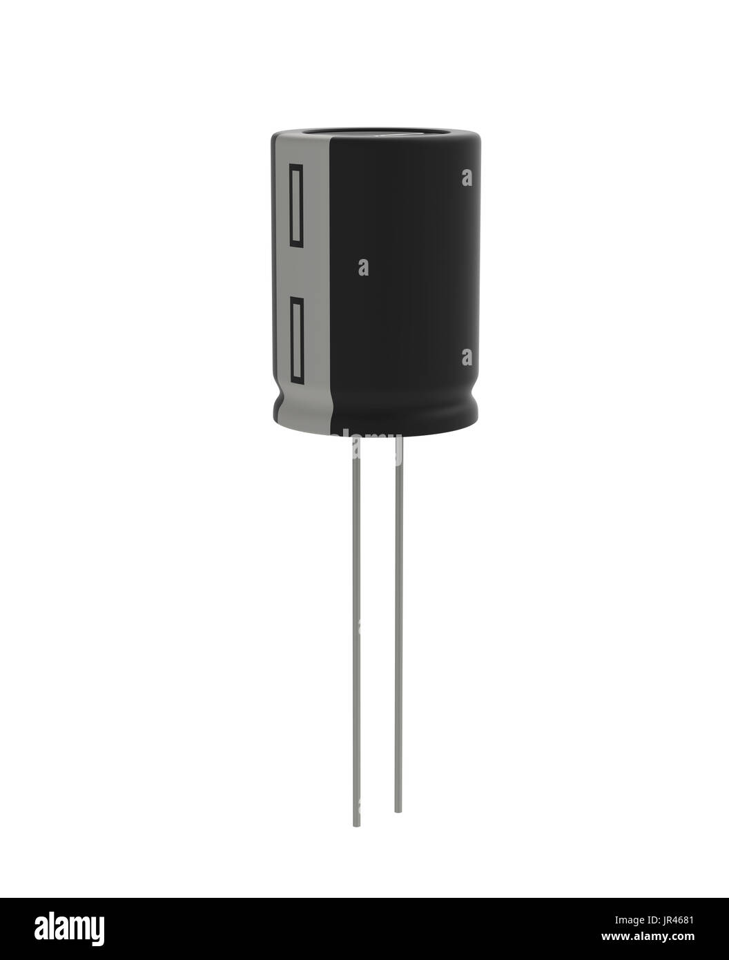 Rendu 3D réaliste de petits condensateurs électrolytiques noir isolé sur fond blanc avec l'ombre et chemin de détourage, de l'électronique partie concept. Banque D'Images