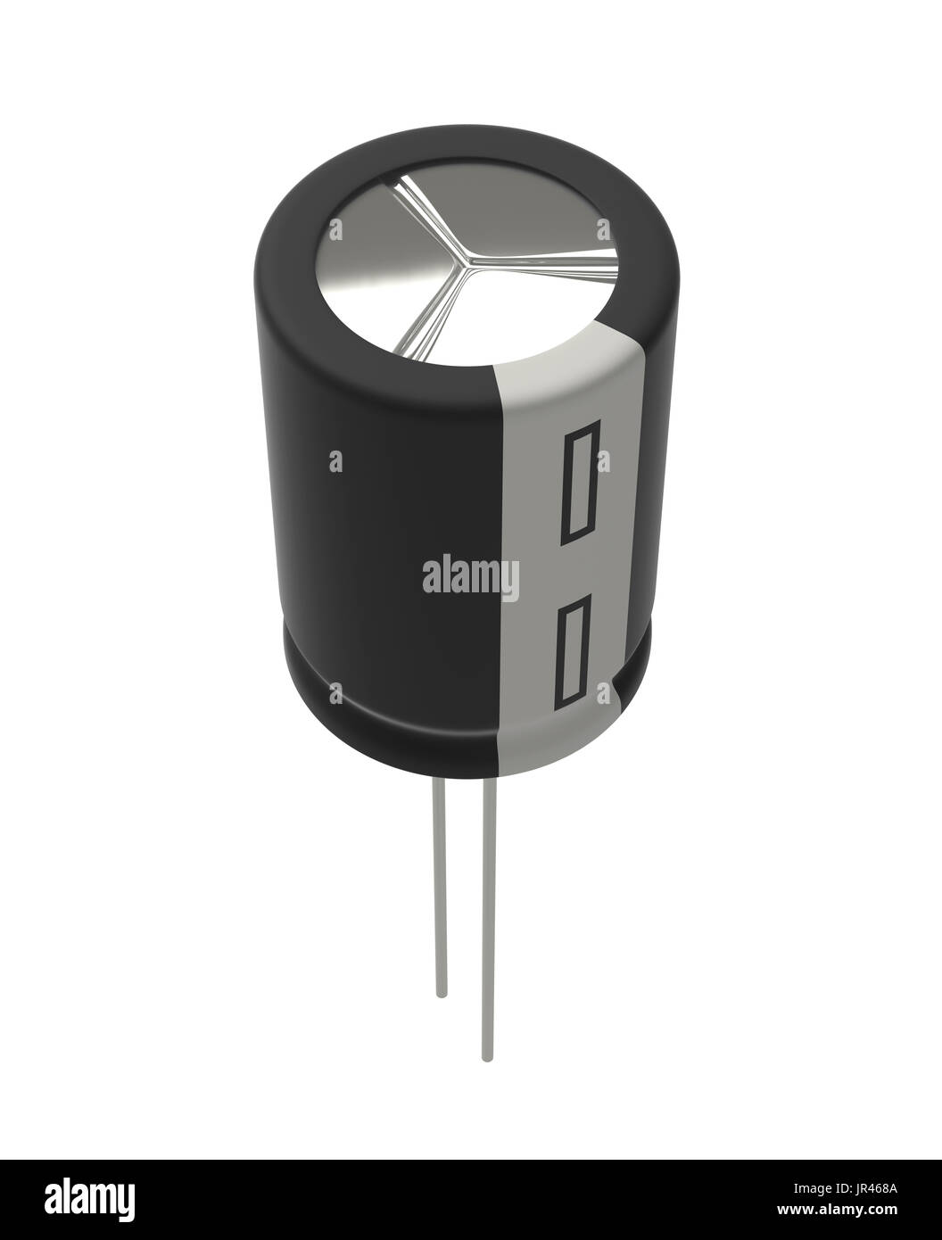 Rendu 3D réaliste de petits condensateurs électrolytiques noir isolé sur fond blanc avec l'ombre et chemin de détourage, de l'électronique partie concept. Banque D'Images