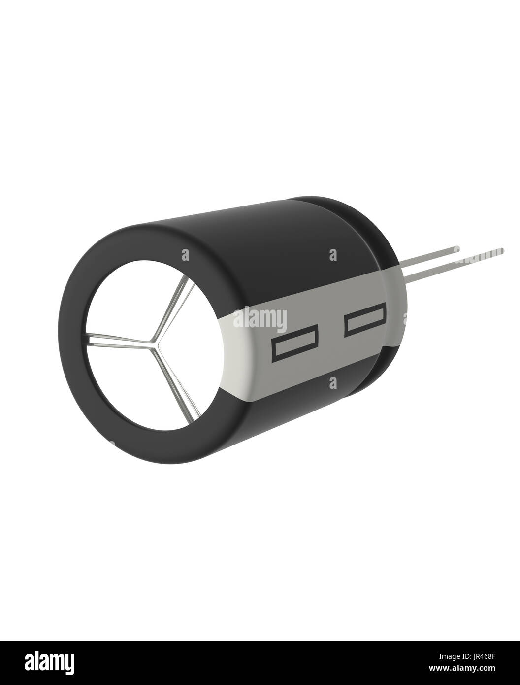 Rendu 3D réaliste de petits condensateurs électrolytiques noir isolé sur fond blanc avec l'ombre et chemin de détourage, de l'électronique partie concept. Banque D'Images