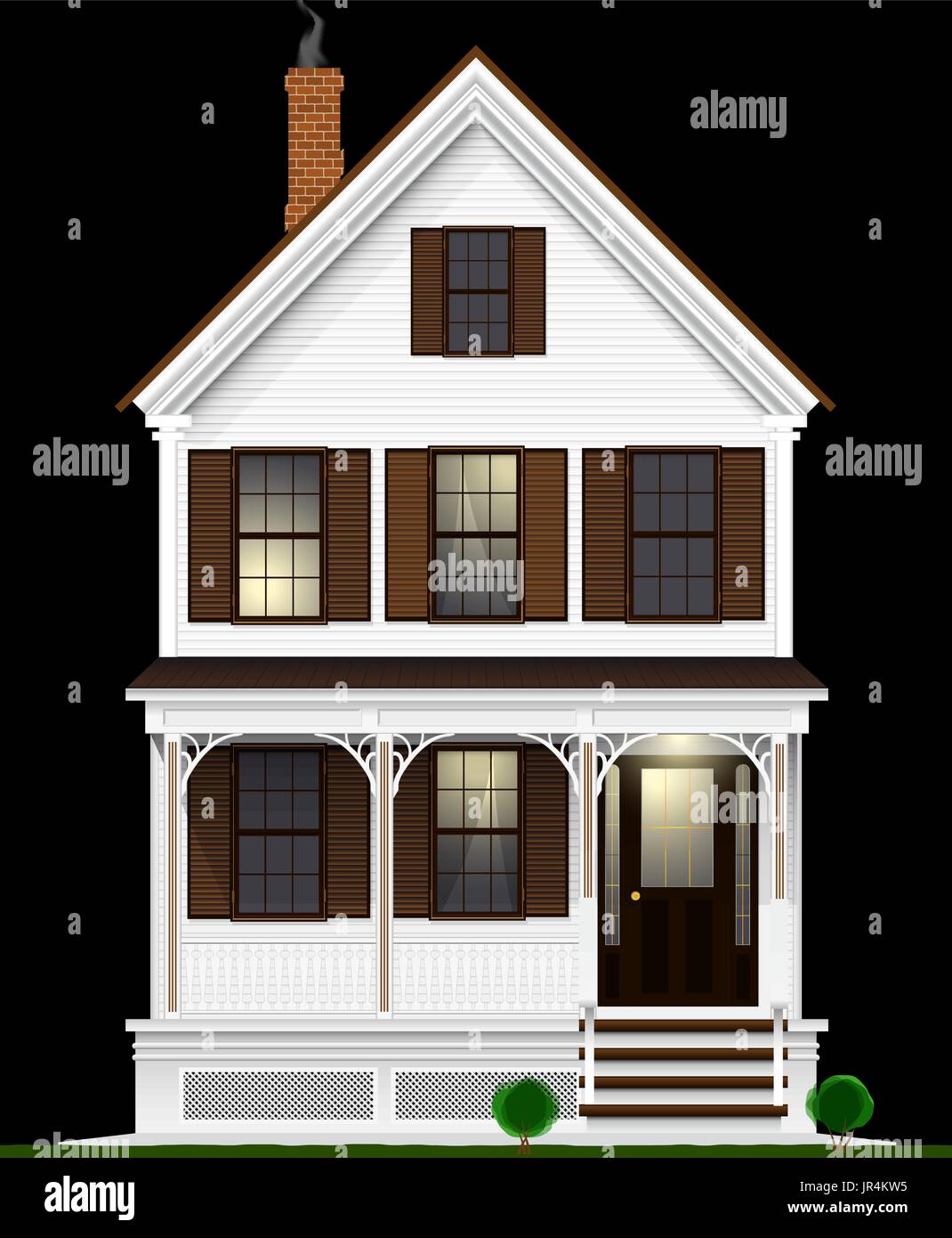 Un américain classique et typique maison en bois peint avec peinture blanche. Deux étages, sous-sol et grenier. Vue de nuit. Illustration de Vecteur