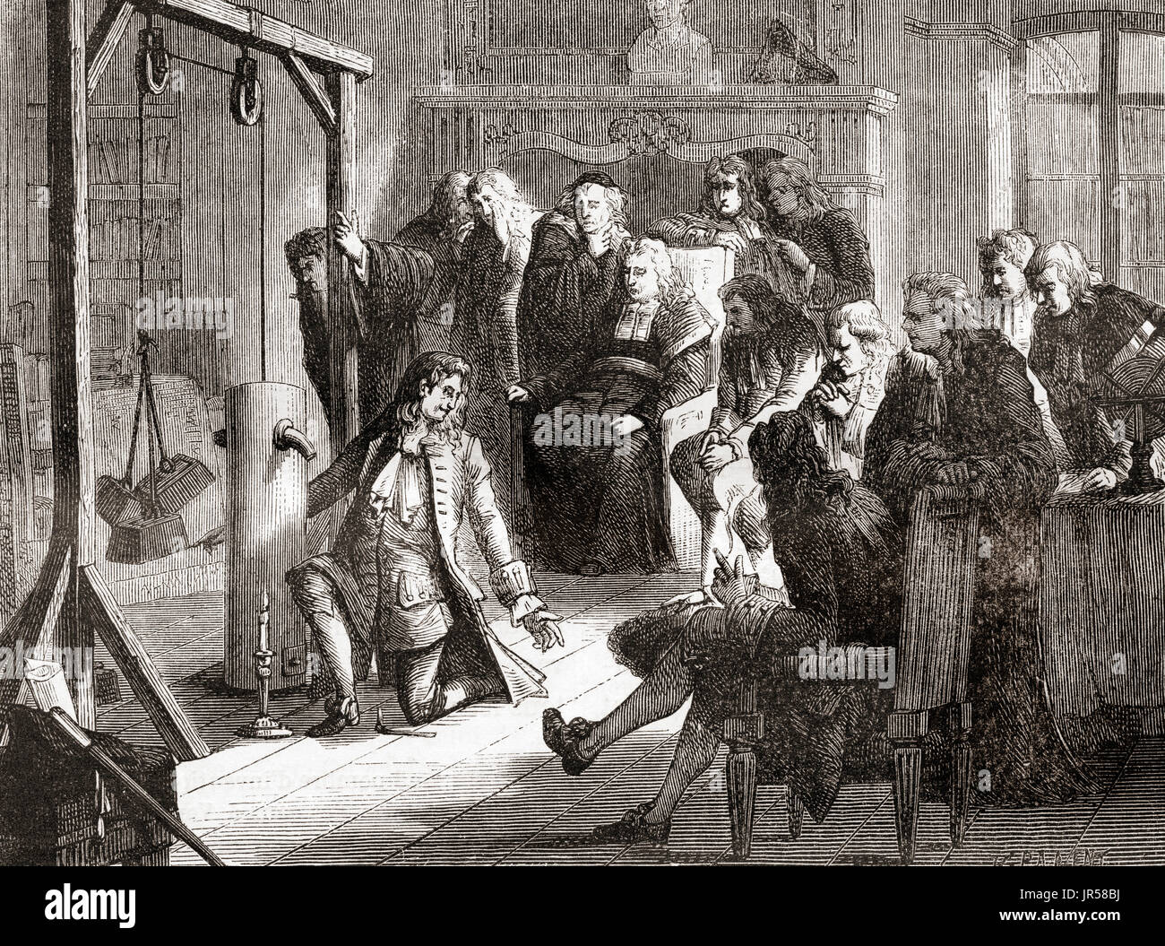 Denis Papin démontre le principe de la combustion du moteur et d'explosion le déplacement d'un piston en chauffant un cylindre métallique vidé d'air et rempli de poudre. Denis Papin, 1647 - c. 1713. Physicien, mathématicien et inventeur. De : Les merveilles de la science, publié en 1870. Banque D'Images