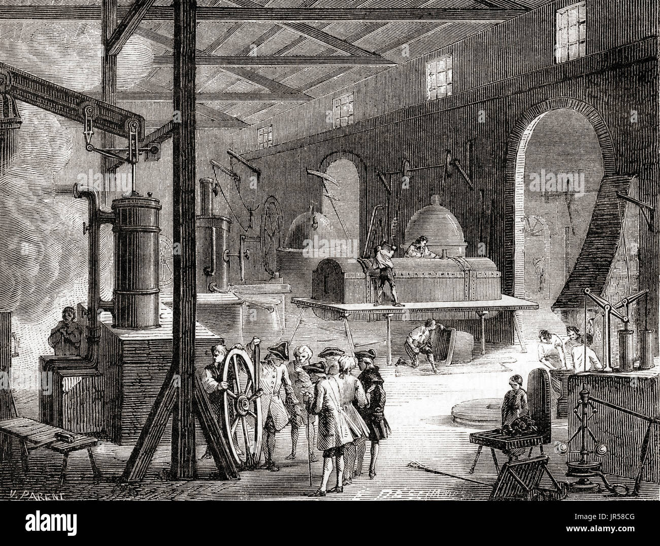 Boulton et Watt moteur à vapeur de l'usine à Soho, Handsworth, Birmingham. Matthew Boulton, 1728 - 1809. Fabricant anglais et partenaire d'affaires de l'ingénieur écossais James Watt. James Watt, 1736 -1819. L'inventeur écossais, ingénieur en mécanique et chimie. De : Les merveilles de la science, publié en 1870. Banque D'Images