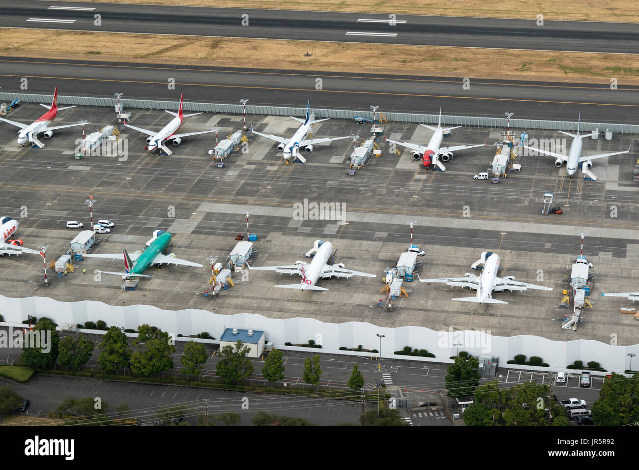 Vue aérienne de Boeing 737 en construction à l'usine Boeing Field, à Seattle, Washington State, USA Banque D'Images