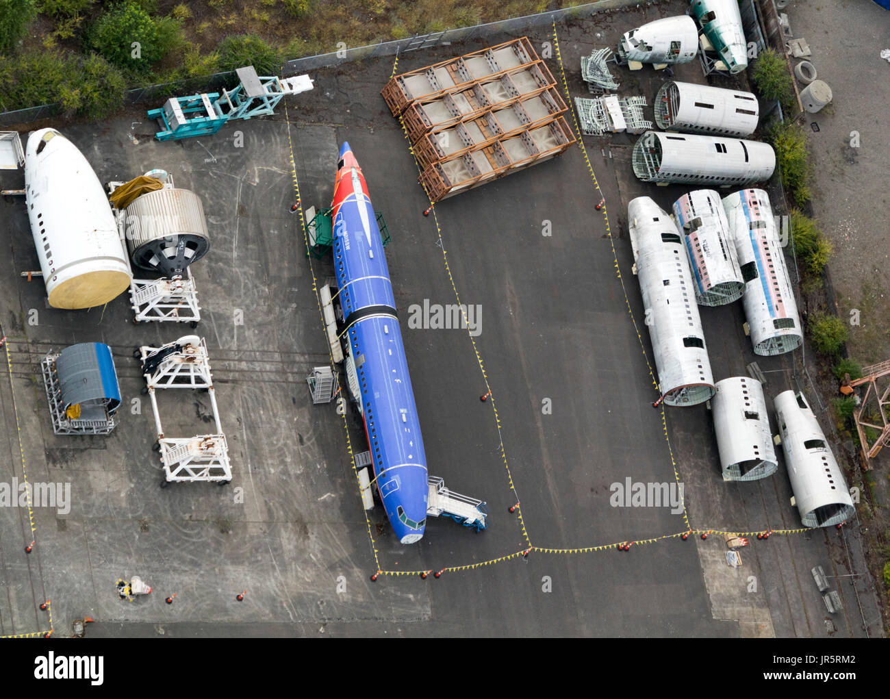 Vue aérienne de la jetée et des pièces de rechange d'avions à l'usine Boeing, Boeing Field, Seattle, Washington State, USA Banque D'Images
