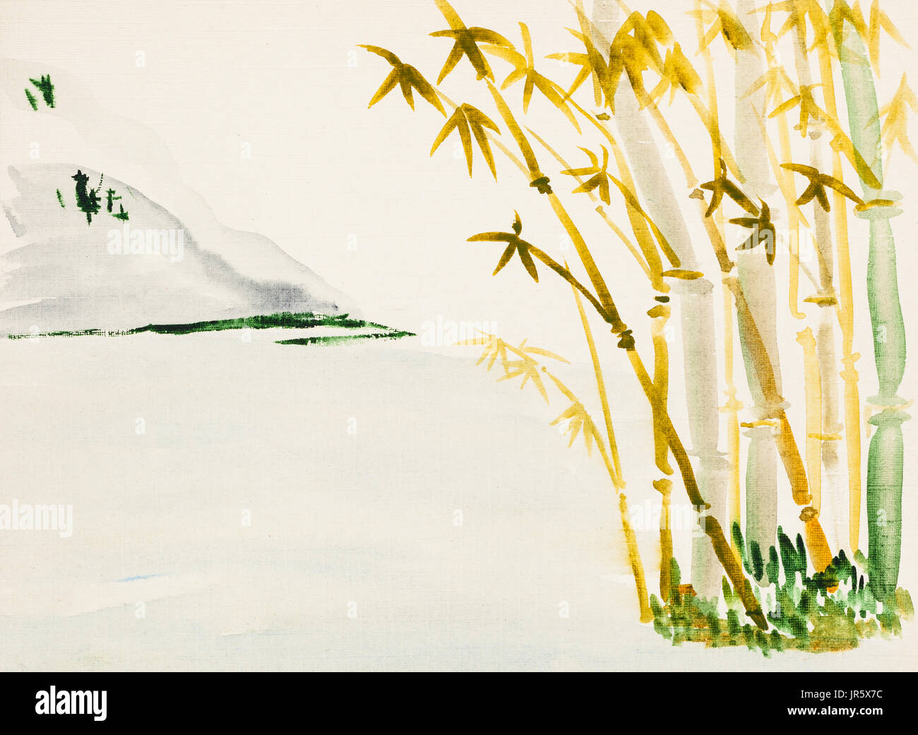 La formation en dessin suibokuga with style - paysage avec bamboo Grove et sur la montagne de papier de couleur ivoire Banque D'Images
