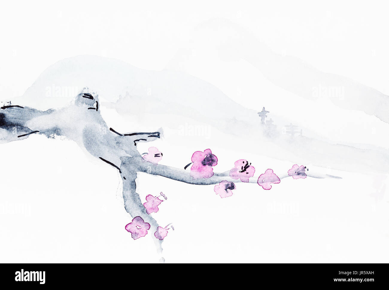 La formation en dessin suibokuga with style - succursale de sacura arbre et paysage de montagne sur papier blanc Banque D'Images