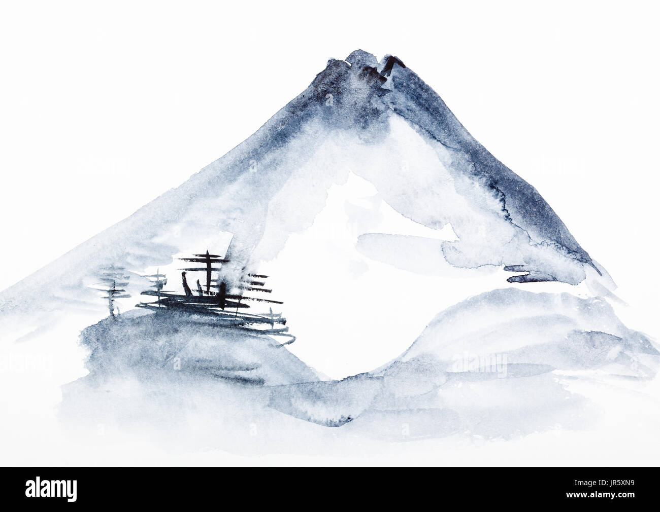 La formation en dessin suibokuga with style - vue du Mont Fuji sur papier blanc Banque D'Images