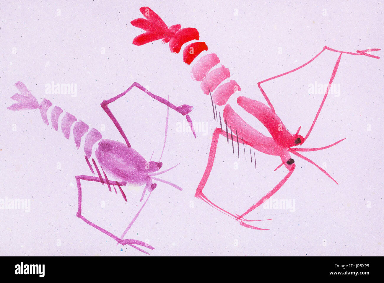 La formation en dessin suibokuga with style - deux crevettes roses sur le papier de couleur violet Banque D'Images