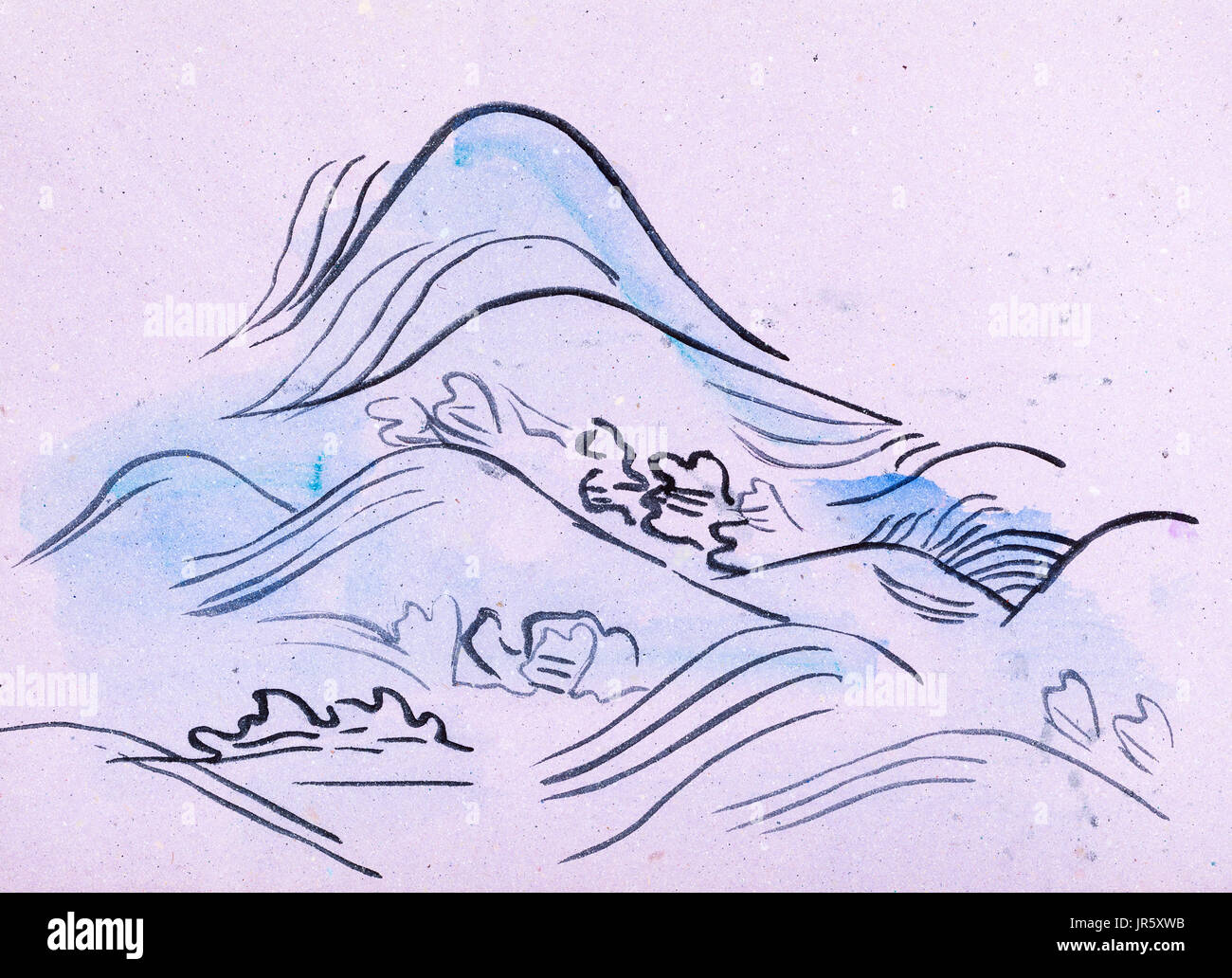 La formation en dessin suibokuga with style - vagues bleues sur du papier de couleur rose Banque D'Images