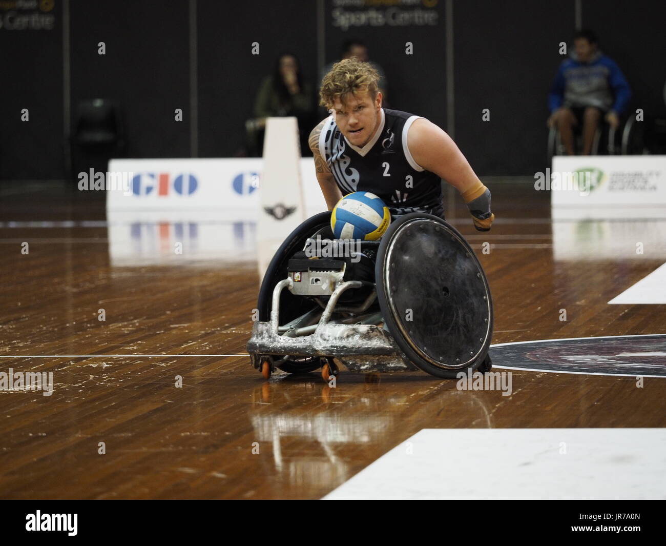 4 août 2017, le Parc olympique de Sydney, Australie. GIO 2017 Championnat National de Rugby en fauteuil roulant et Gio 2018 Championnat du Monde de Rugby en fauteuil roulant IWRF Test Event officiel - Victoria Thunder protéger contre la Nouvelle-Zélande Banque D'Images