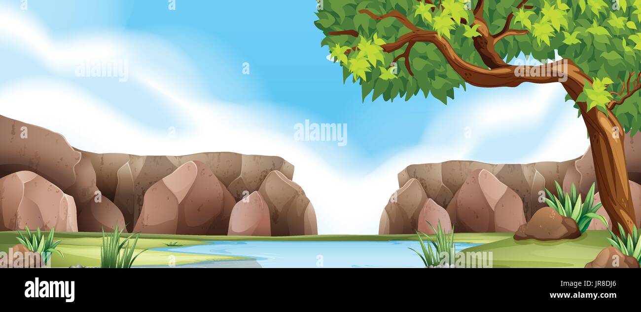 Scène de la nature avec des falaises et rivière illustration Illustration de Vecteur