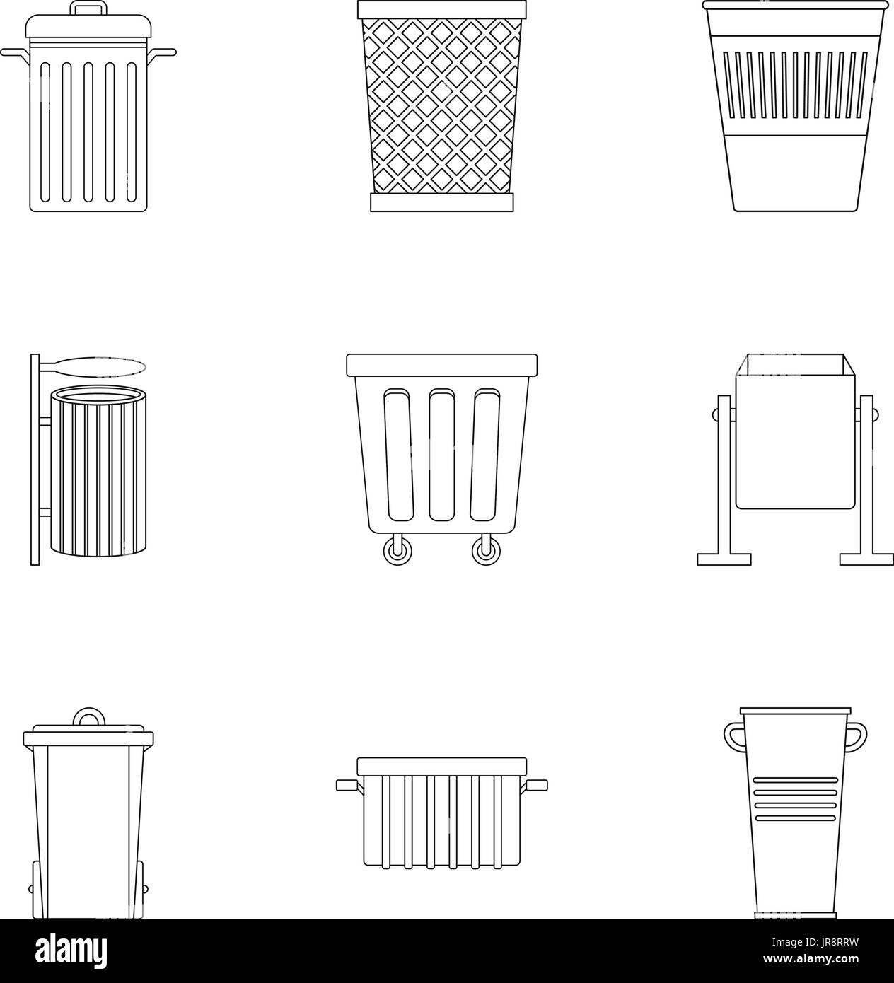 Conteneurs à déchets icon set style du contour, Illustration de Vecteur