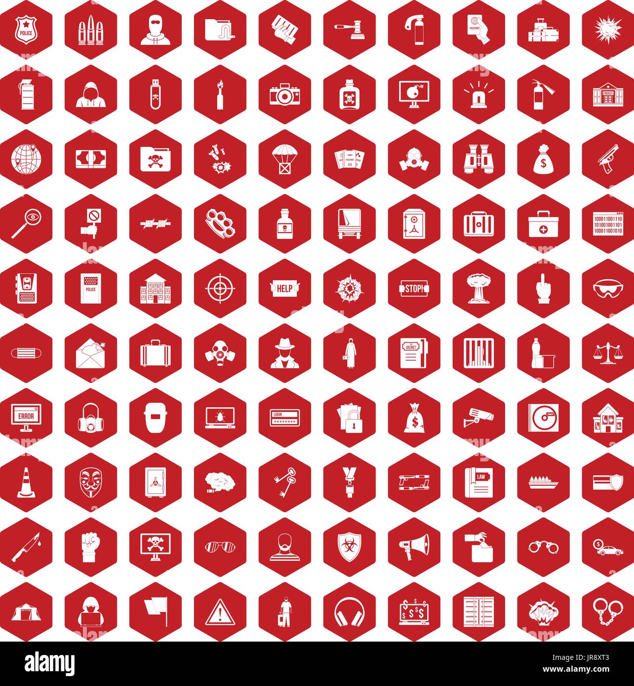 100 icônes crime rouge hexagonale Illustration de Vecteur