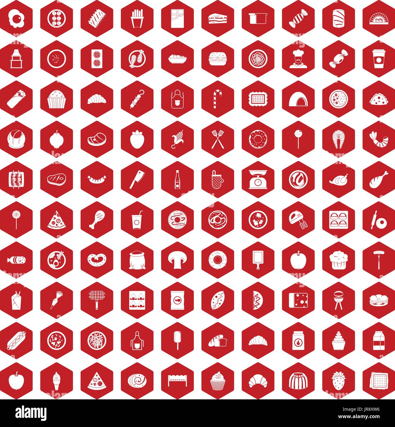 100 icônes de délicieux plats rouge hexagonale Illustration de Vecteur