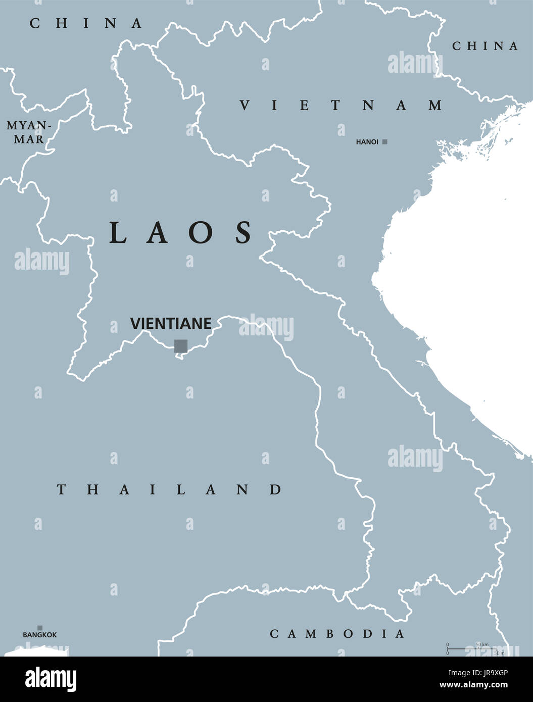 Carte politique du Laos avec capitale Vientiane et frontières. L'étiquetage en anglais. La République démocratique populaire lao, nom familier Muang Lao. Banque D'Images