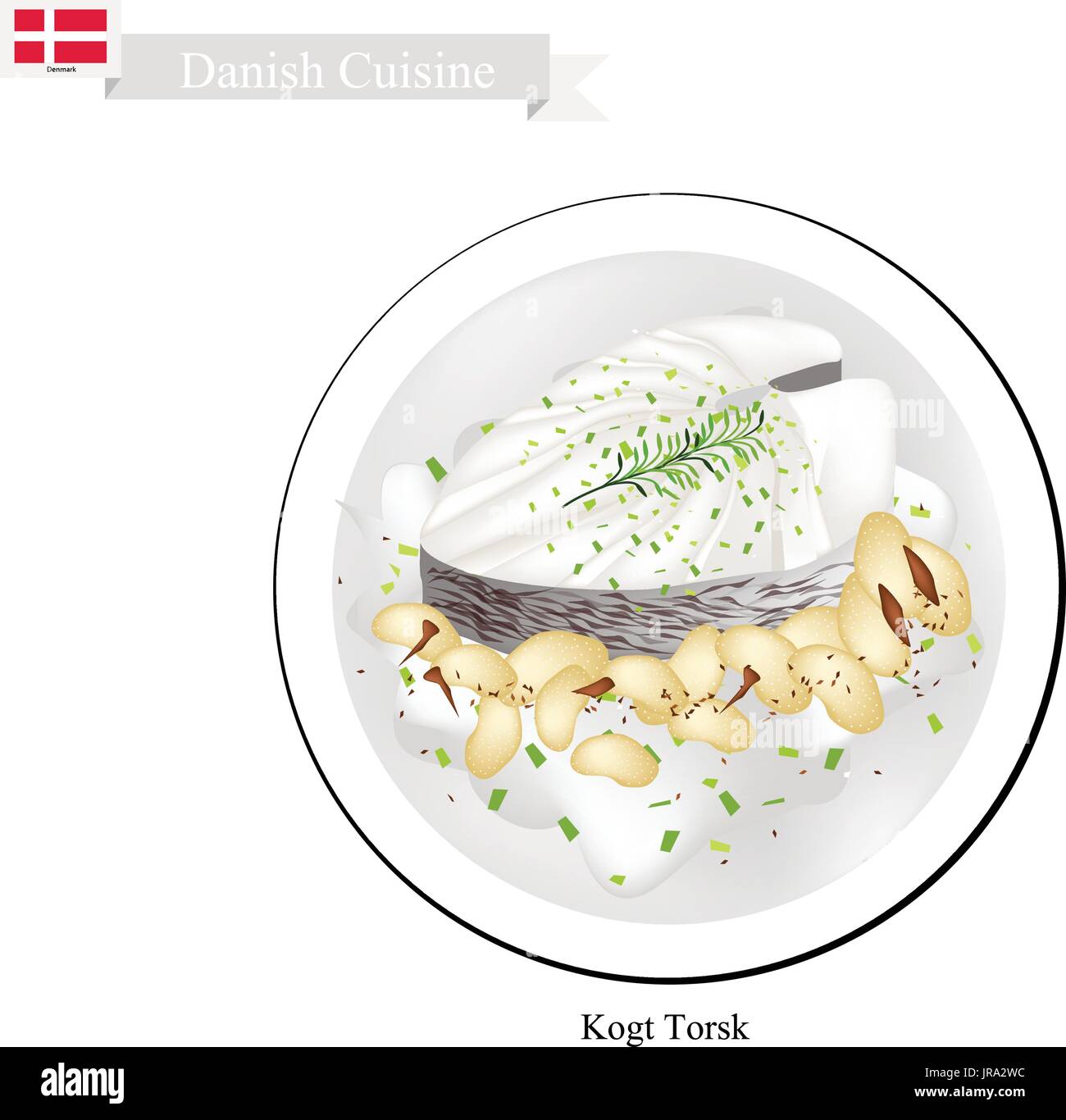 La cuisine danoise, Illustration d'Kogt Torsk ou Filet de morue bouillie traditionnel servi avec sauce persil et les haricots blancs. L'un des plus célèbre plat dans Illustration de Vecteur