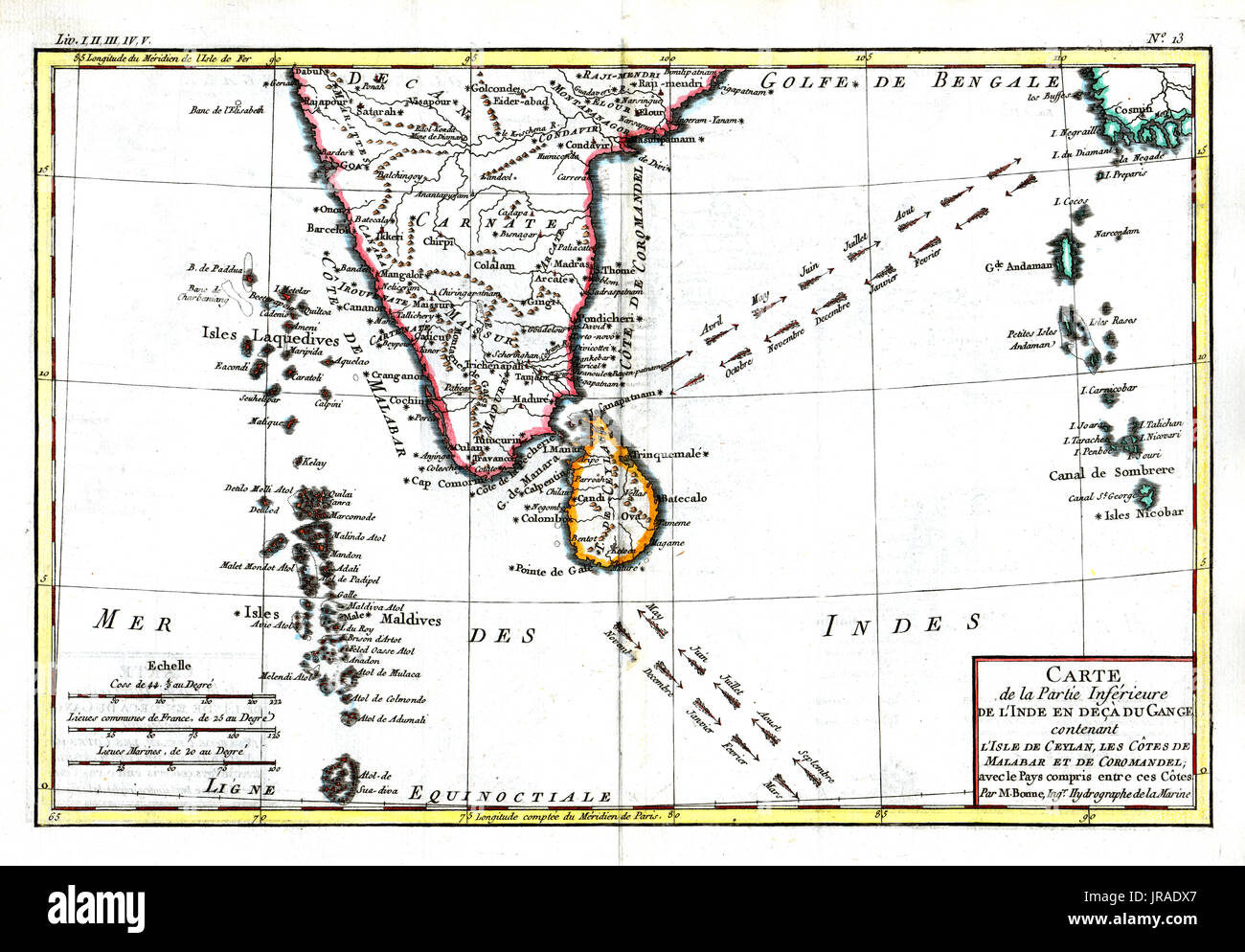 1780 Bonne carte antique de l'Inde du Sud, Ceylan et les Maldives Banque D'Images