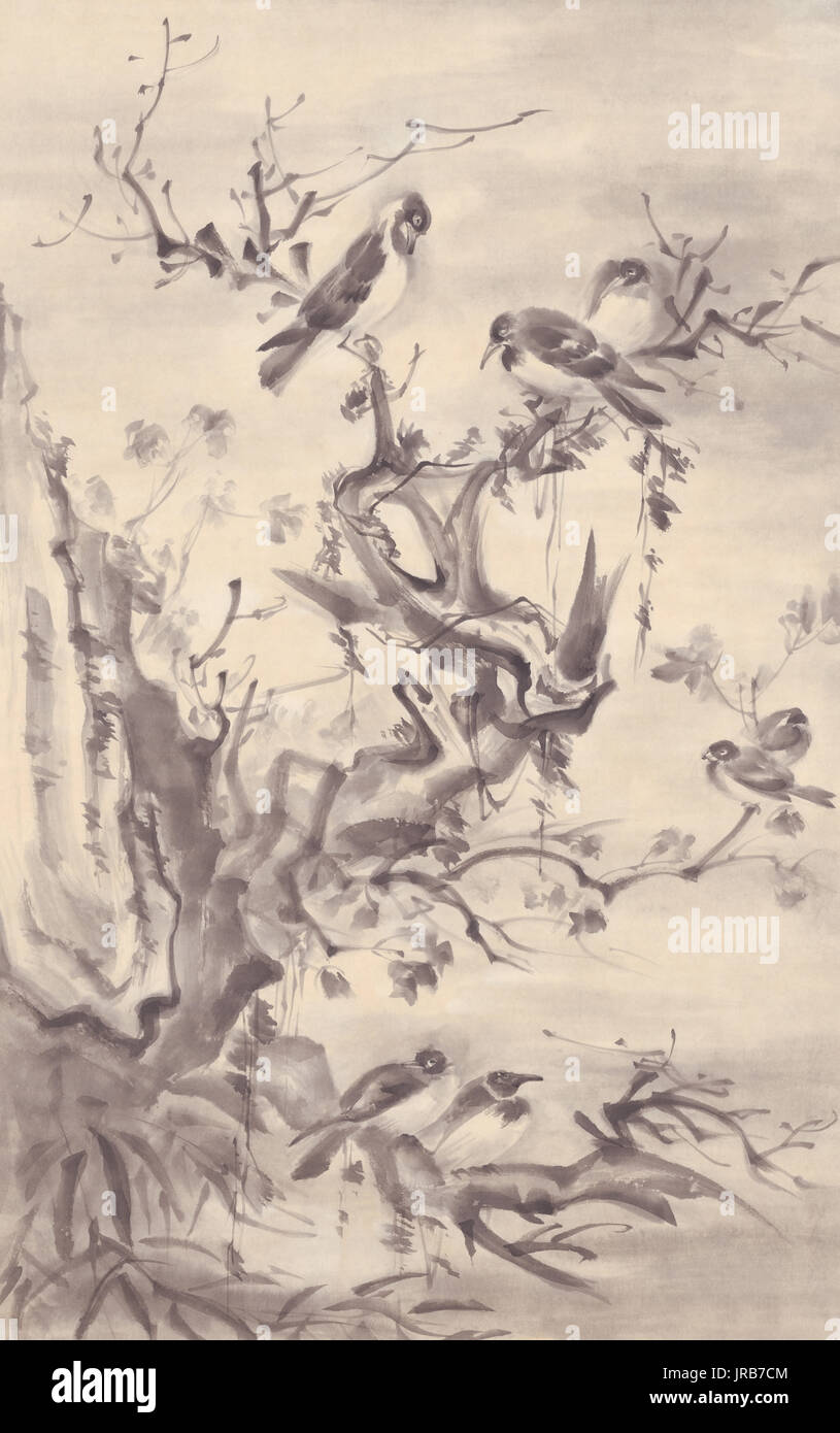 Oiseaux sur un arbre paysage d'automne peinture d'encre Banque D'Images