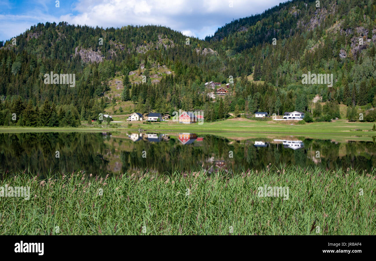 Maisons dans la vallée se reflétant dans l'eau construit sur les rives d'un fjord, telemark, Norvège Banque D'Images