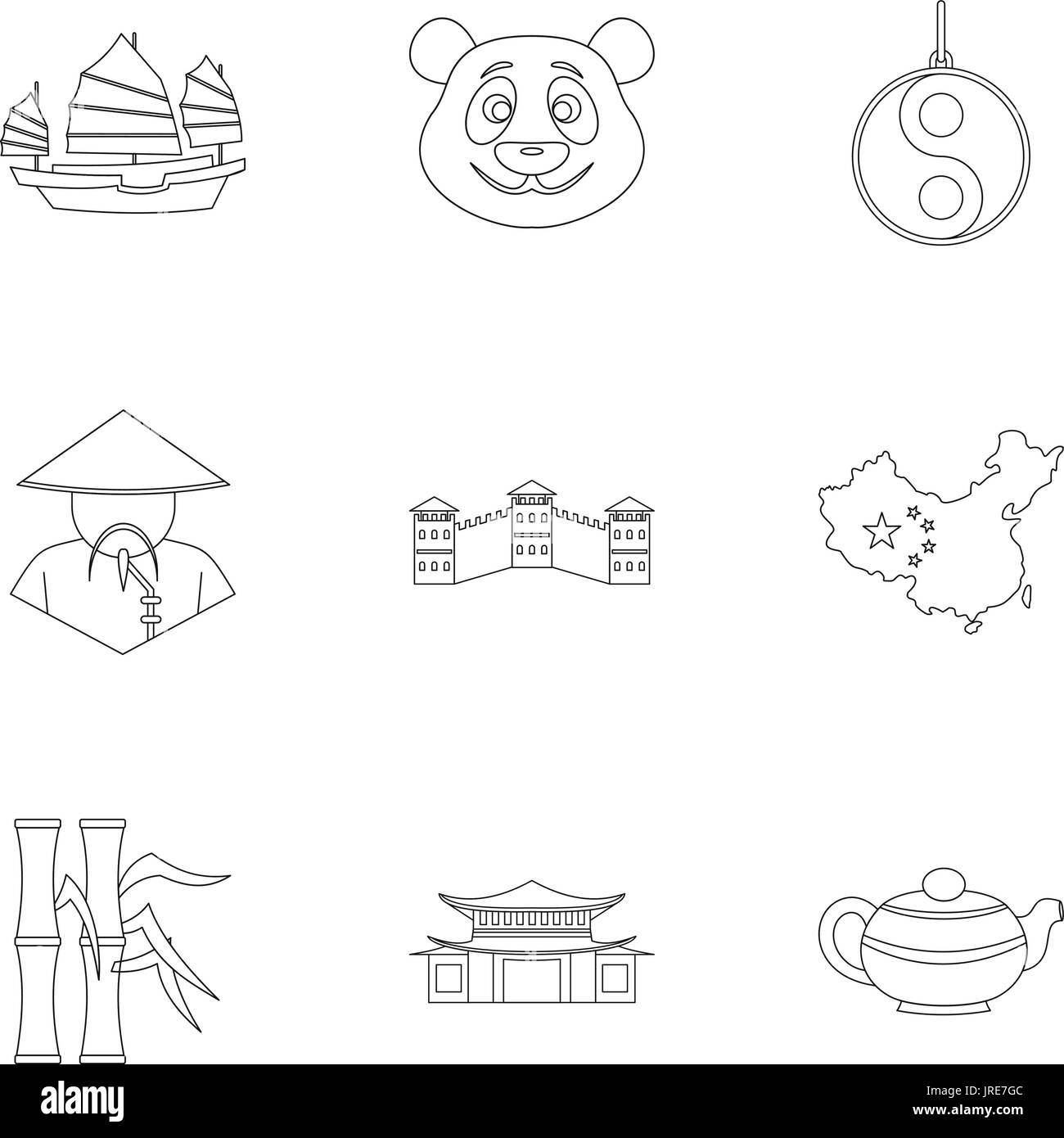 Pays de Chine style du contour, Icon Set Illustration de Vecteur