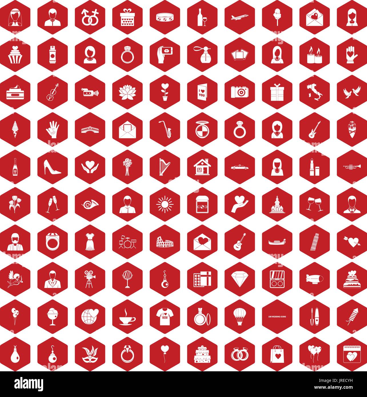 100 icônes de mariage rouge hexagonale Illustration de Vecteur