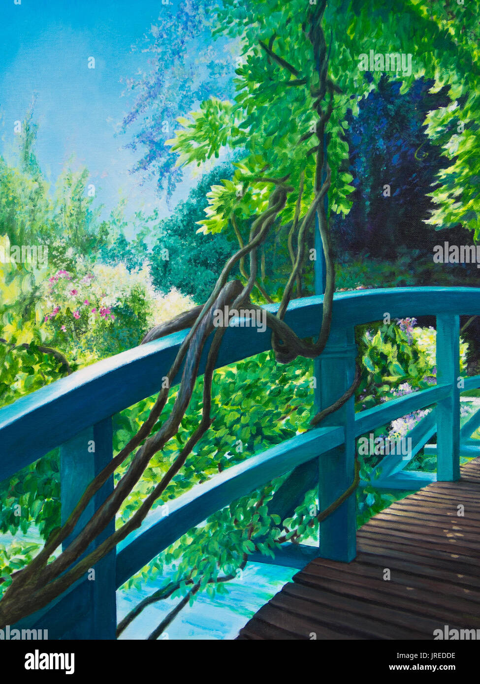 Sur le pont japonais à Giverny, Claude Monet's estate, glycines vent vignes autour du garde-corps. Banque D'Images