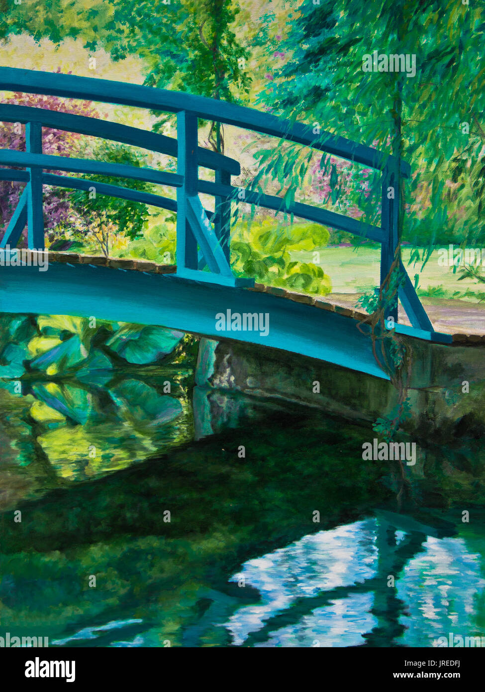 Le pont japonais à Giverny, Claude Monet's estate, se reflète dans l'étang de l'eau. Banque D'Images