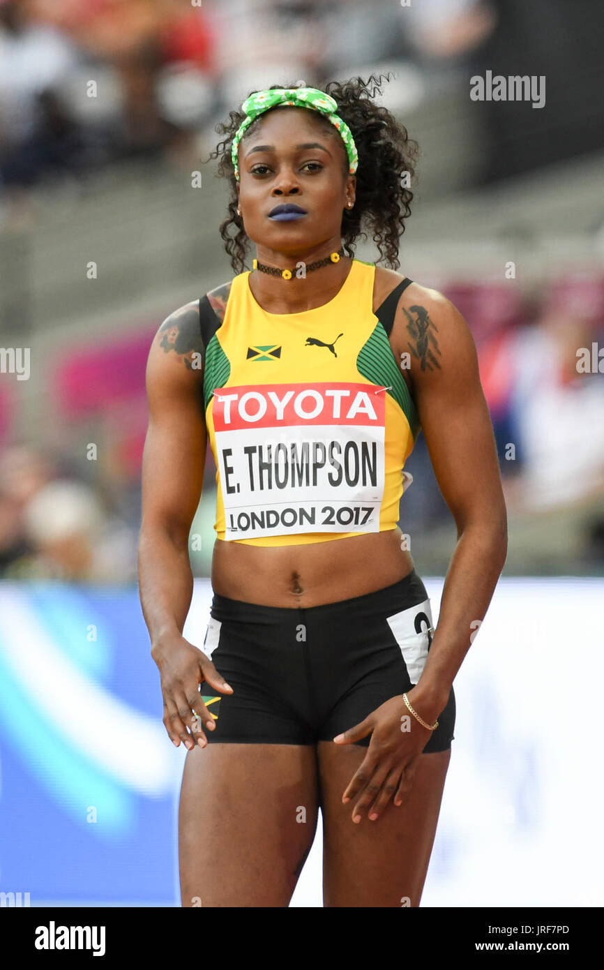 Londres, Royaume-Uni. 5 août 2017. Elaine Thompson (Jamaïque) au cours de la chauffe à 100m au stade de Londres, le deuxième jour de l'IAAF World Championships London 2017 Crédit : Stephen Chung / Alamy Live News Banque D'Images