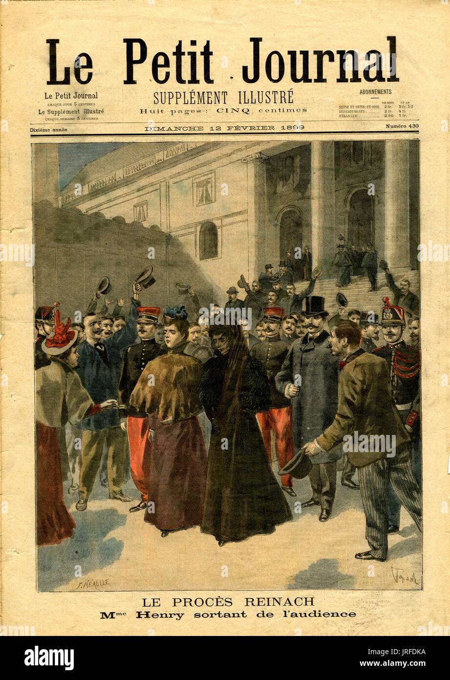 Le Petit Journal couvrir intitulé 'Le Proces Reinach, M Henry sortant de l'audience", numéro 430, Mme Henry a été escorté hors de la cour chambre alors que beaucoup de gens regarder sur et élever leurs chapeaux, elle n'est pas heureuse, 1899. Banque D'Images