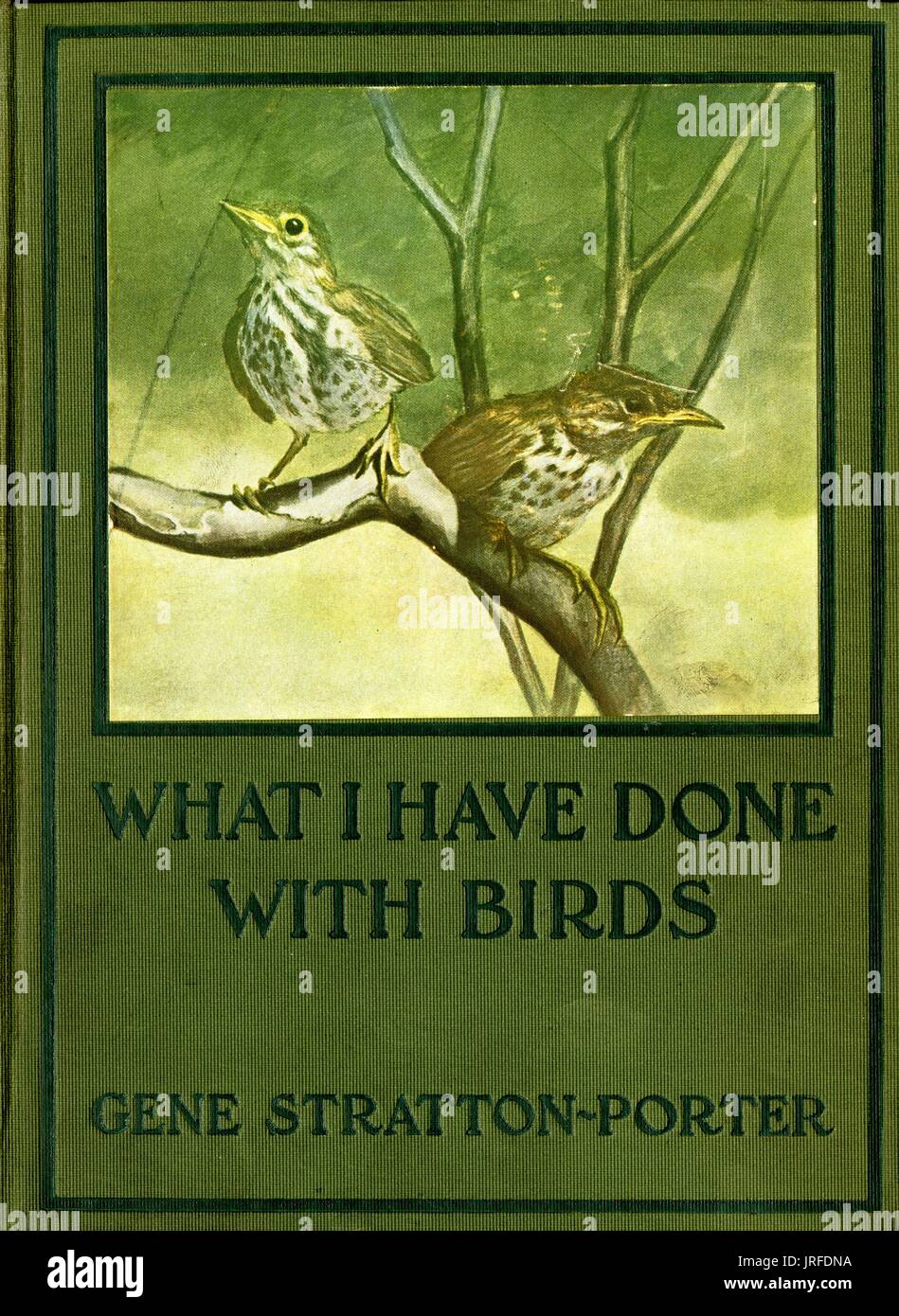 Ce que j'ai fait avec les oiseaux, image de couverture d'un livre avec un titre humoristique, avec une image de deux oiseaux assis sur une branche dans un arbre, 1900. Banque D'Images