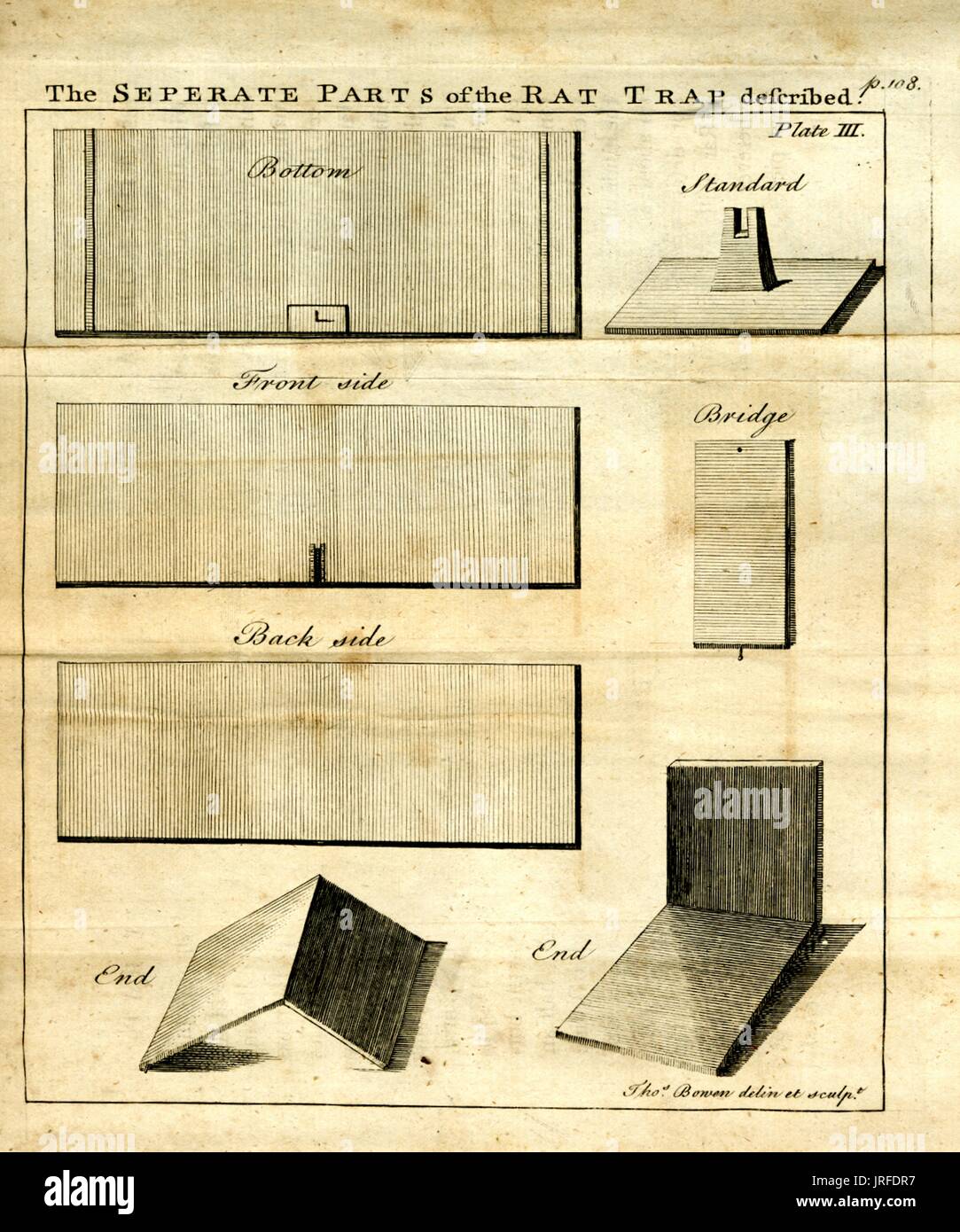 Les parties séparées du rat trap décrites, illustration de flat pack board d'une invention description représentant une meilleure souricière, 1900. Banque D'Images