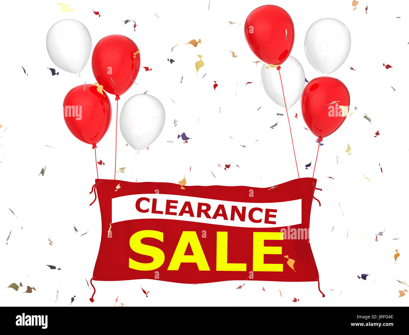 Vente de liquidation en rendu 3d avec bannière bannière de tissu rouge, rouge ballons et confettis Banque D'Images
