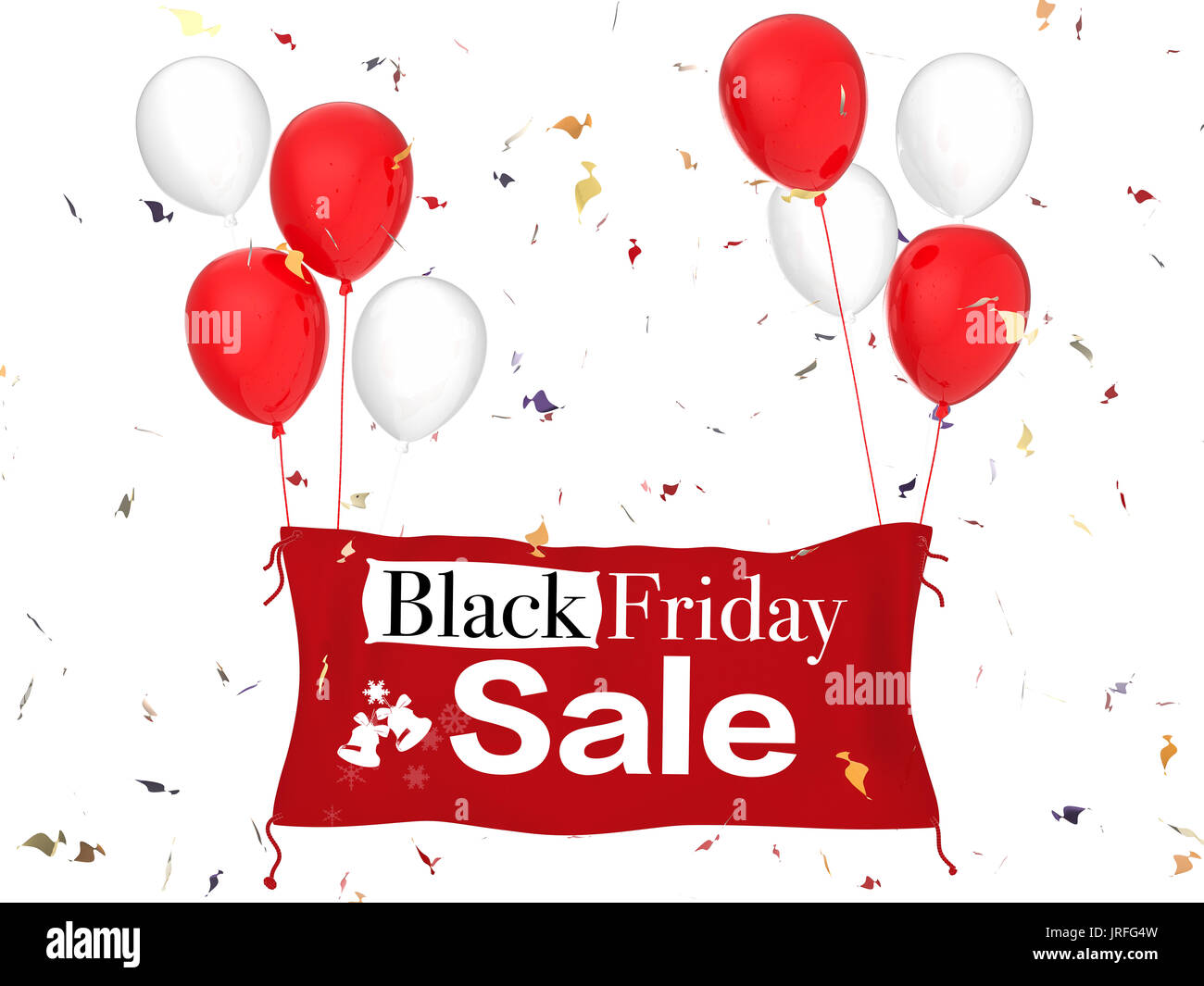 Vendredi noir en rendu 3D vente bannière avec tissu rouge bannière, ballons et confettis rouge Banque D'Images