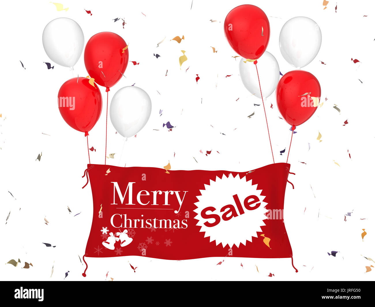 Joyeux Noël en rendu 3D vente bannière avec tissu rouge bannière, ballons et confettis rouge Banque D'Images