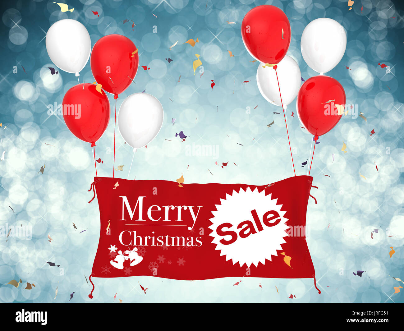 Joyeux Noël en rendu 3D vente bannière avec tissu rouge bannière, ballons et confettis rouge Banque D'Images