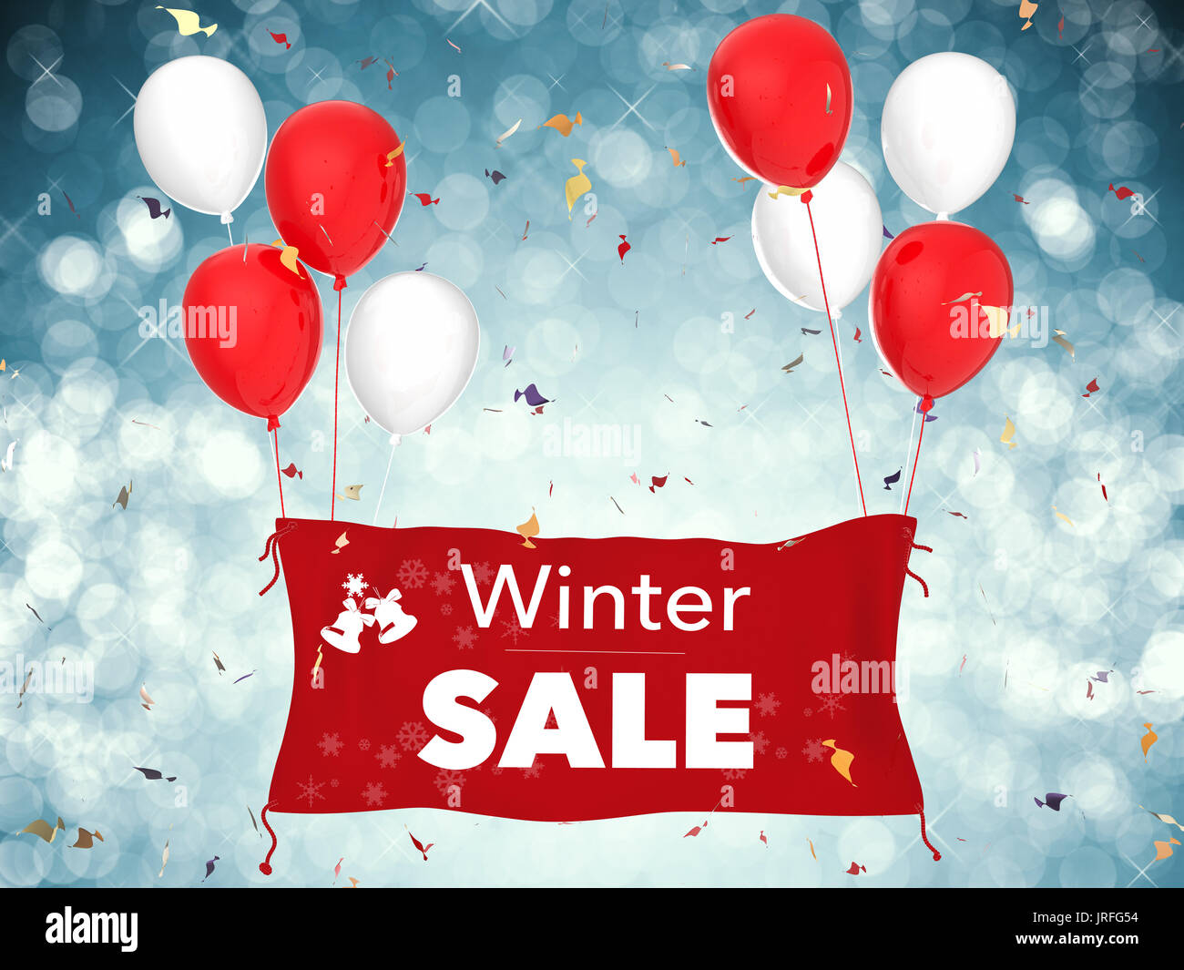 Vente d'hiver en rendu 3d avec bannière bannière de tissu rouge, rouge ballons et confettis Banque D'Images
