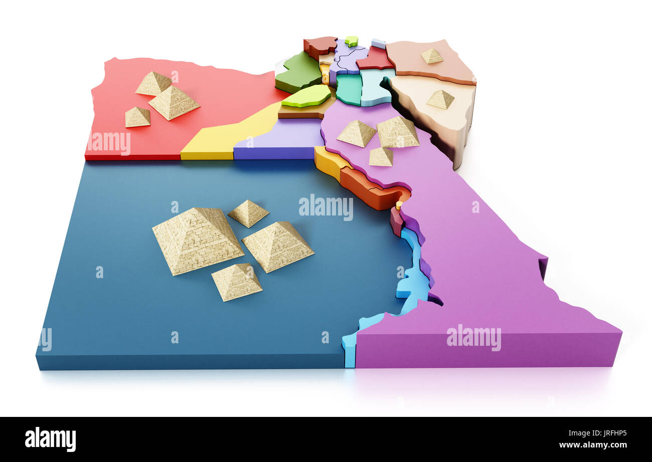 Carte de l'Égypte avec les régions et les pyramides. 3D illustration. Banque D'Images