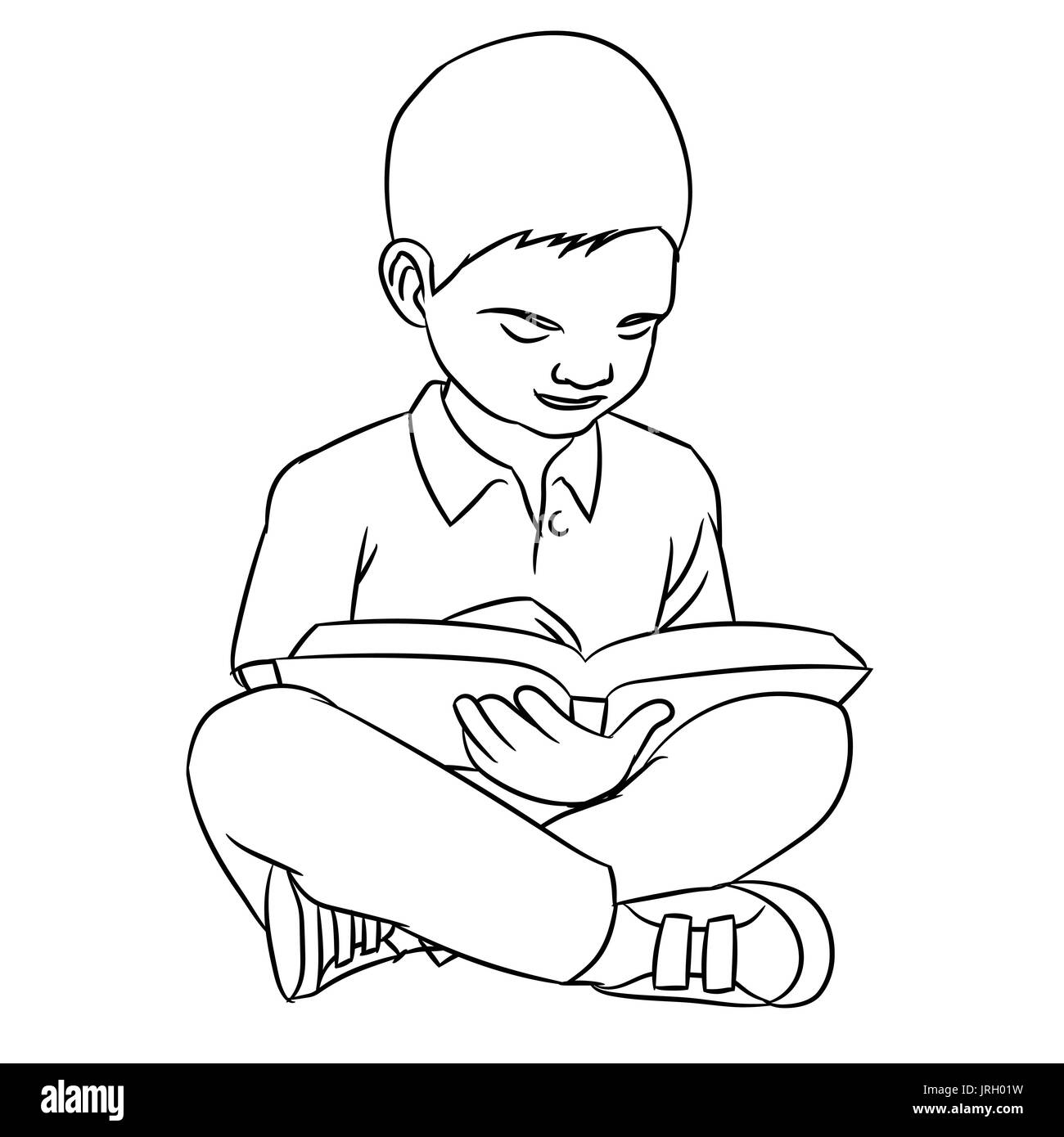 Croquis dessinés à la main d'un garçon de faire de la lecture, le caractère isolé de dessin animé, en noir et blanc Cartoon Vector Illustration pour livre de coloriage - Ligne dessinée Vector Illustration de Vecteur